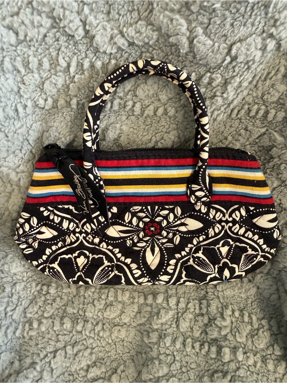 Vera Bradley Black & White Patterned Mini Tote with Multicolor Stripe Accent